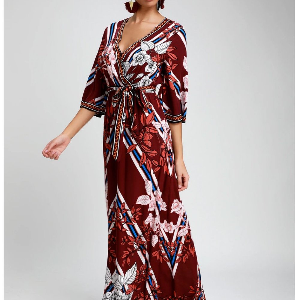 Lulu's Red Maxi Gown with Dolman Sleeves and V-Neck